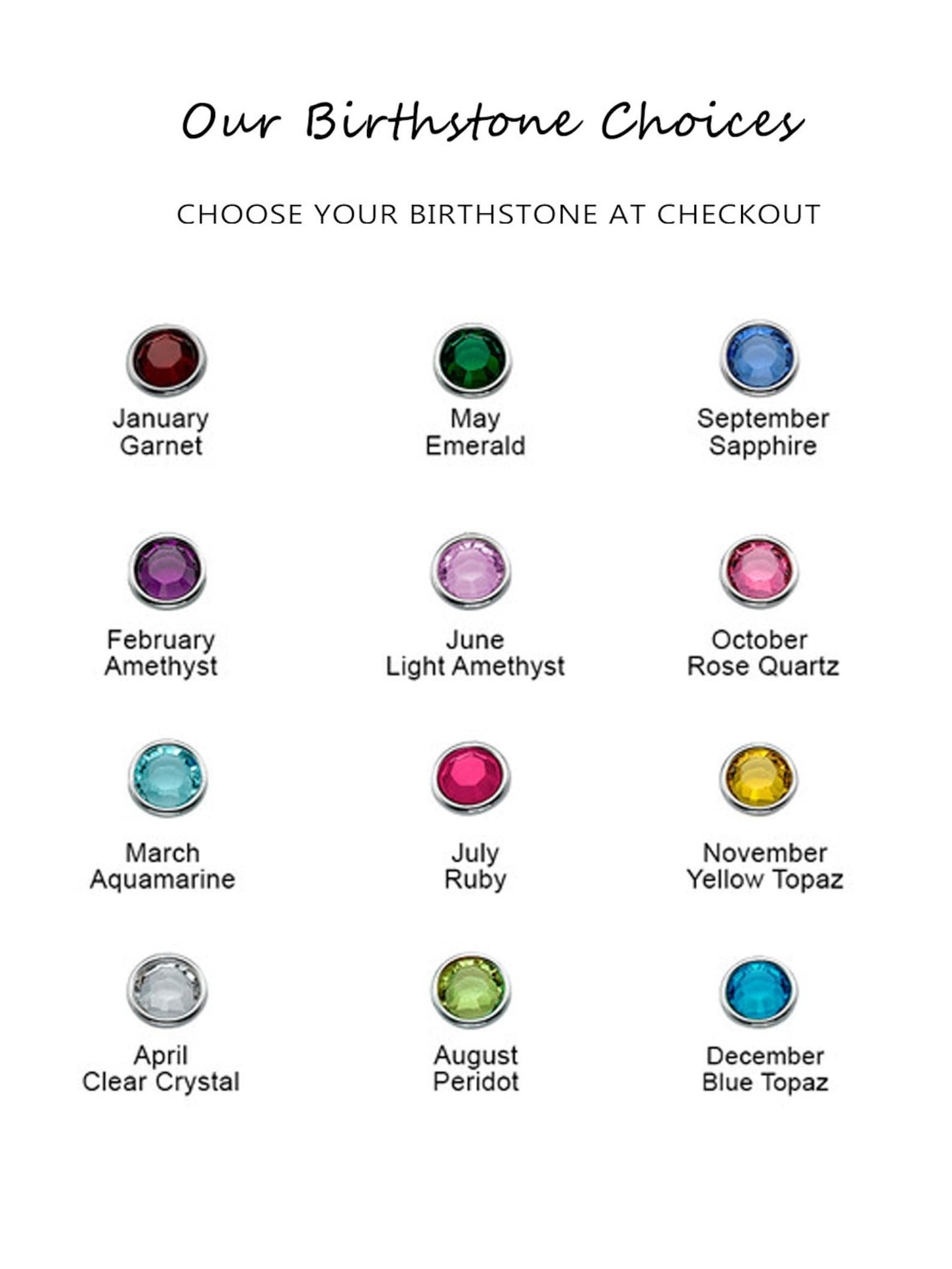 Birthstone color chart for personalized heart necklace, 12 months gemstone options