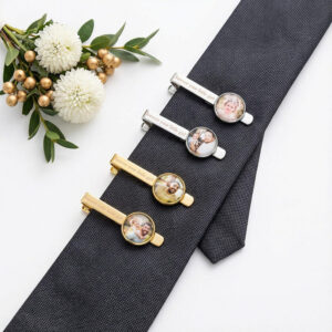 Personalized photo tie clip with custom engraved text on tie, wedding floral accessory