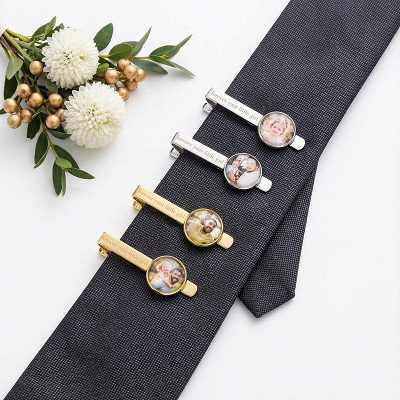 Personalized photo tie clip with custom engraved text on tie, wedding floral accessory