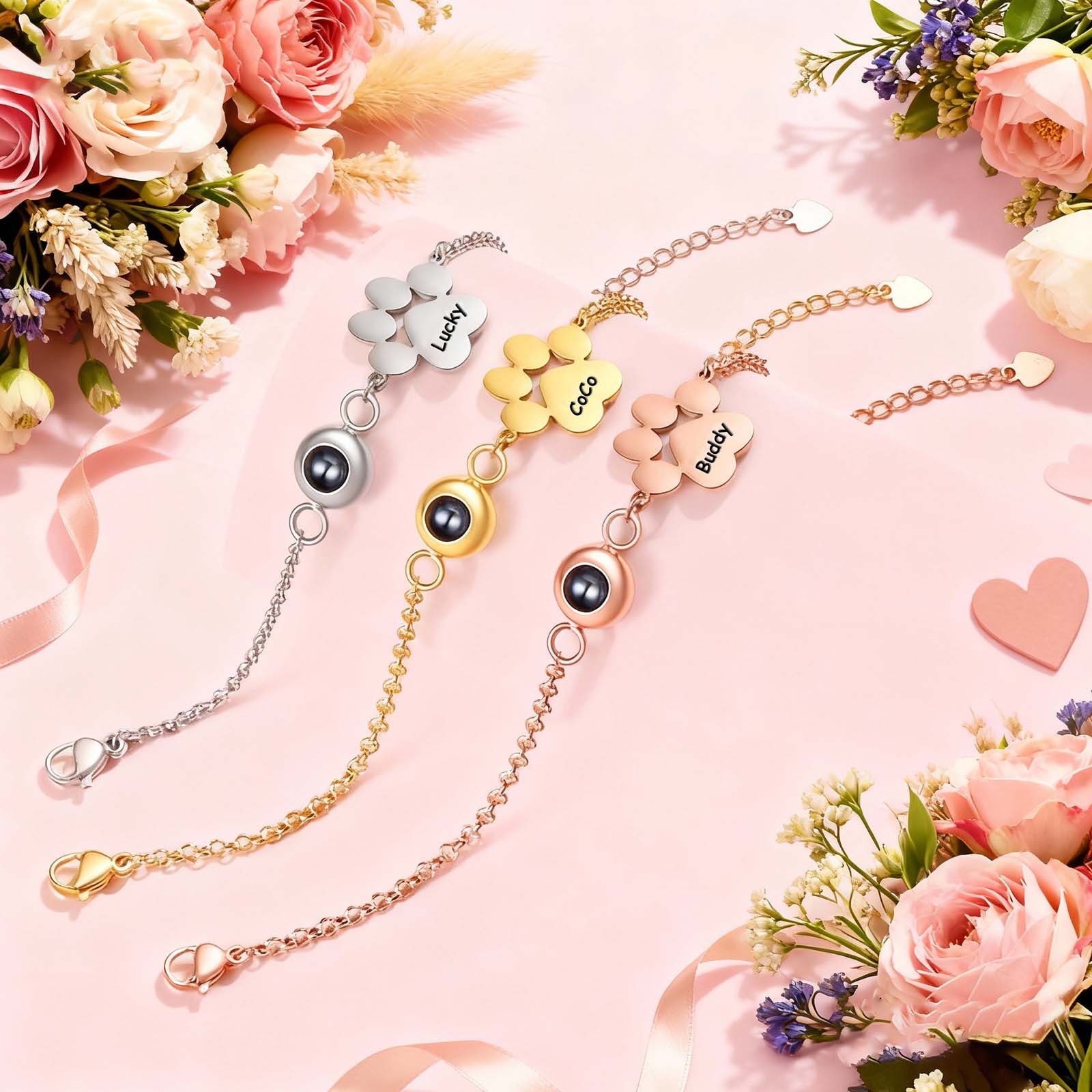 Styled photo projection bracelet with flowers, personalized picture inside memorial jewelry gift
