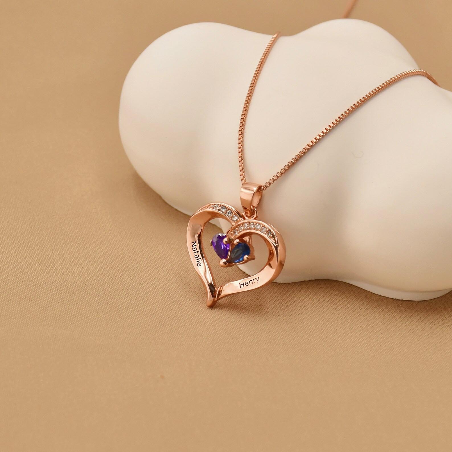 Rose gold birthstone heart necklace, custom engraved names pendant for women