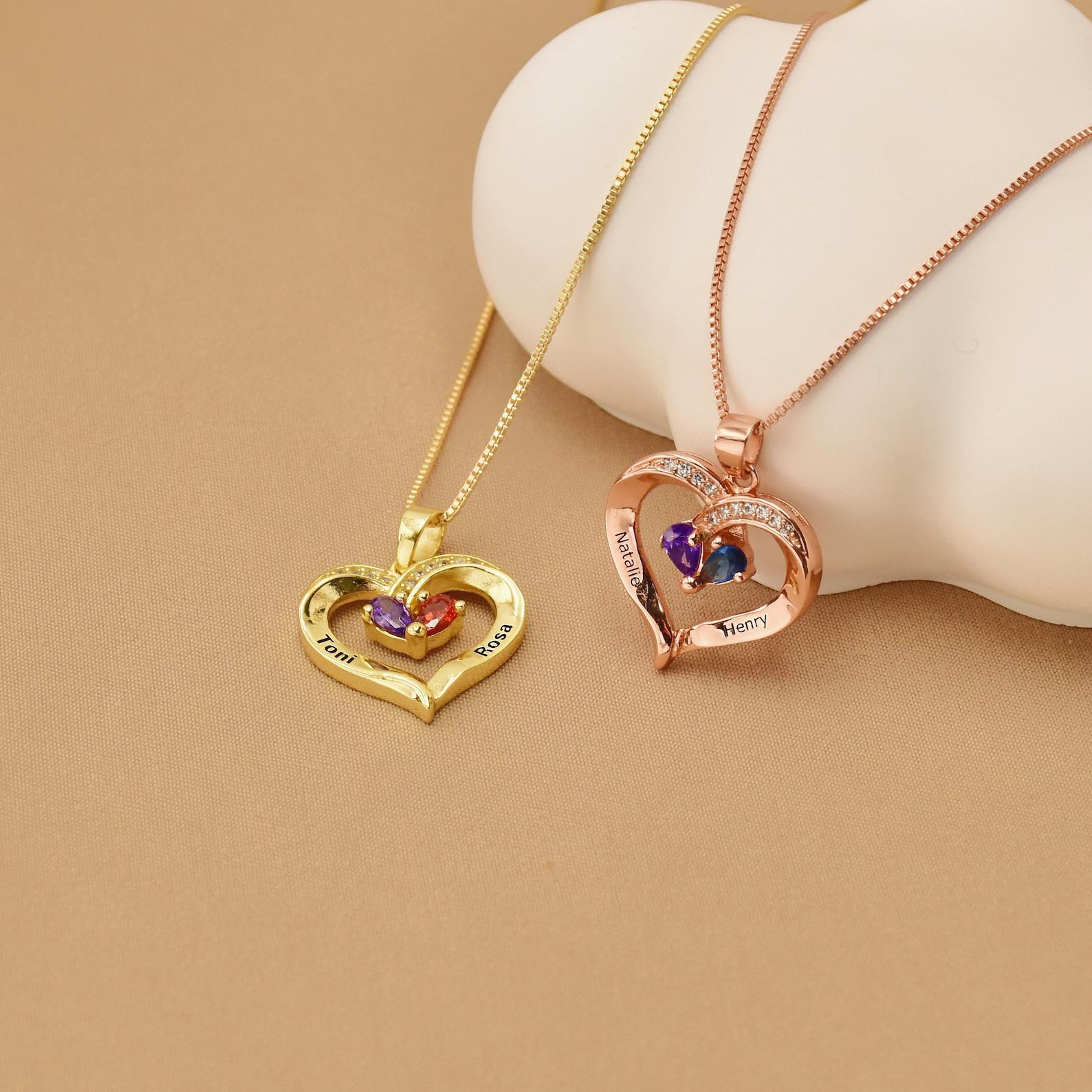 Gold plated heart birthstone necklace, personalized two names engraved pendant