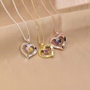 Custom birthstone necklace with two names, personalized open heart pendant in silver gold rose gold