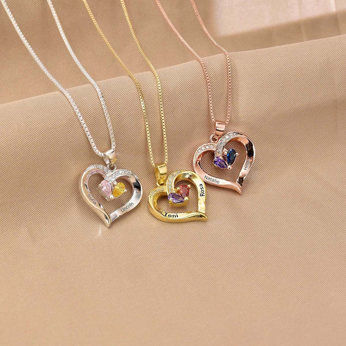 Custom birthstone necklace with two names, personalized open heart pendant in silver gold rose gold