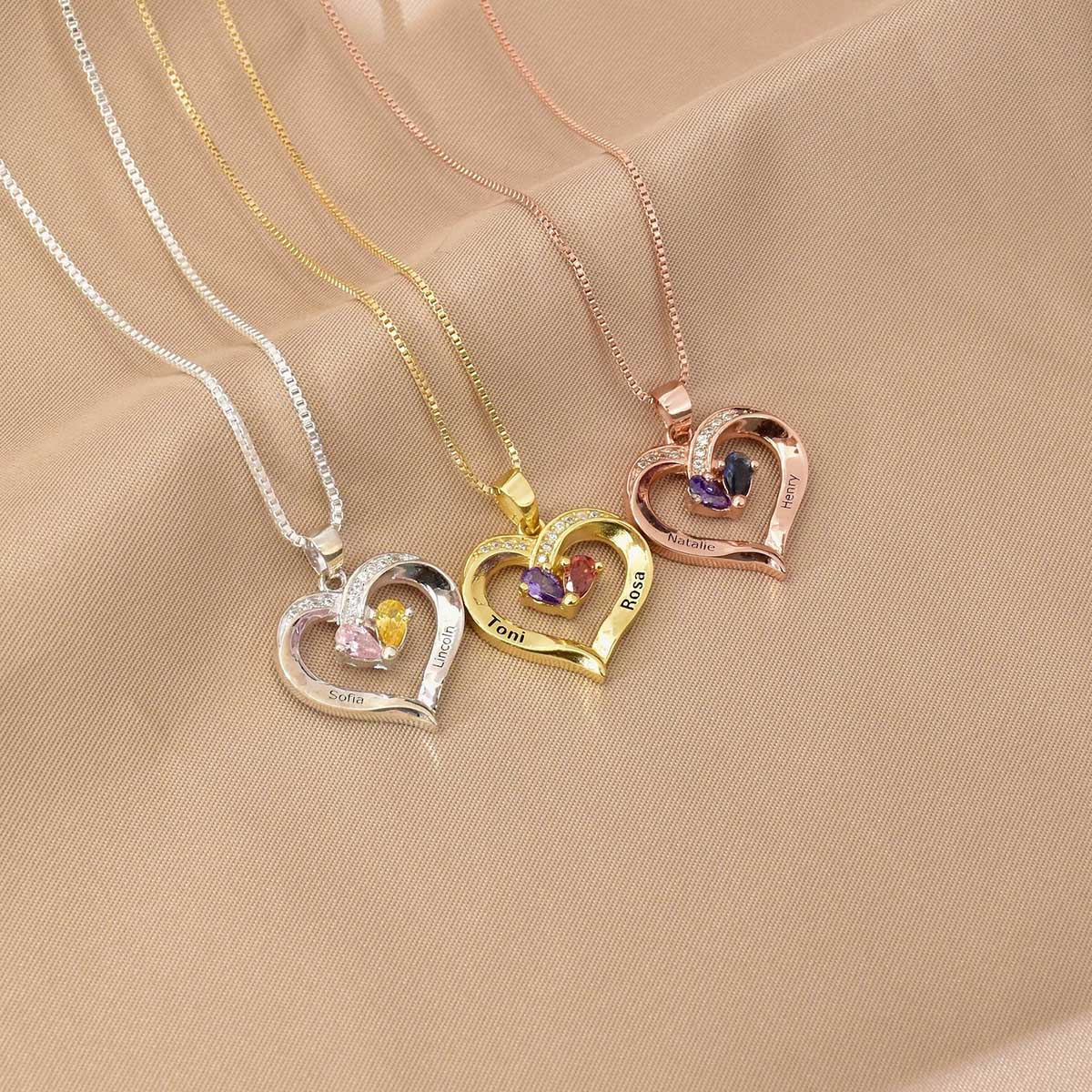 Custom birthstone necklace with two names, open heart pendant in silver gold and rose gold