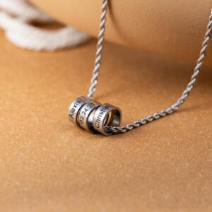 Personalized name necklace, custom engraved multi ring bead pendant stainless steel