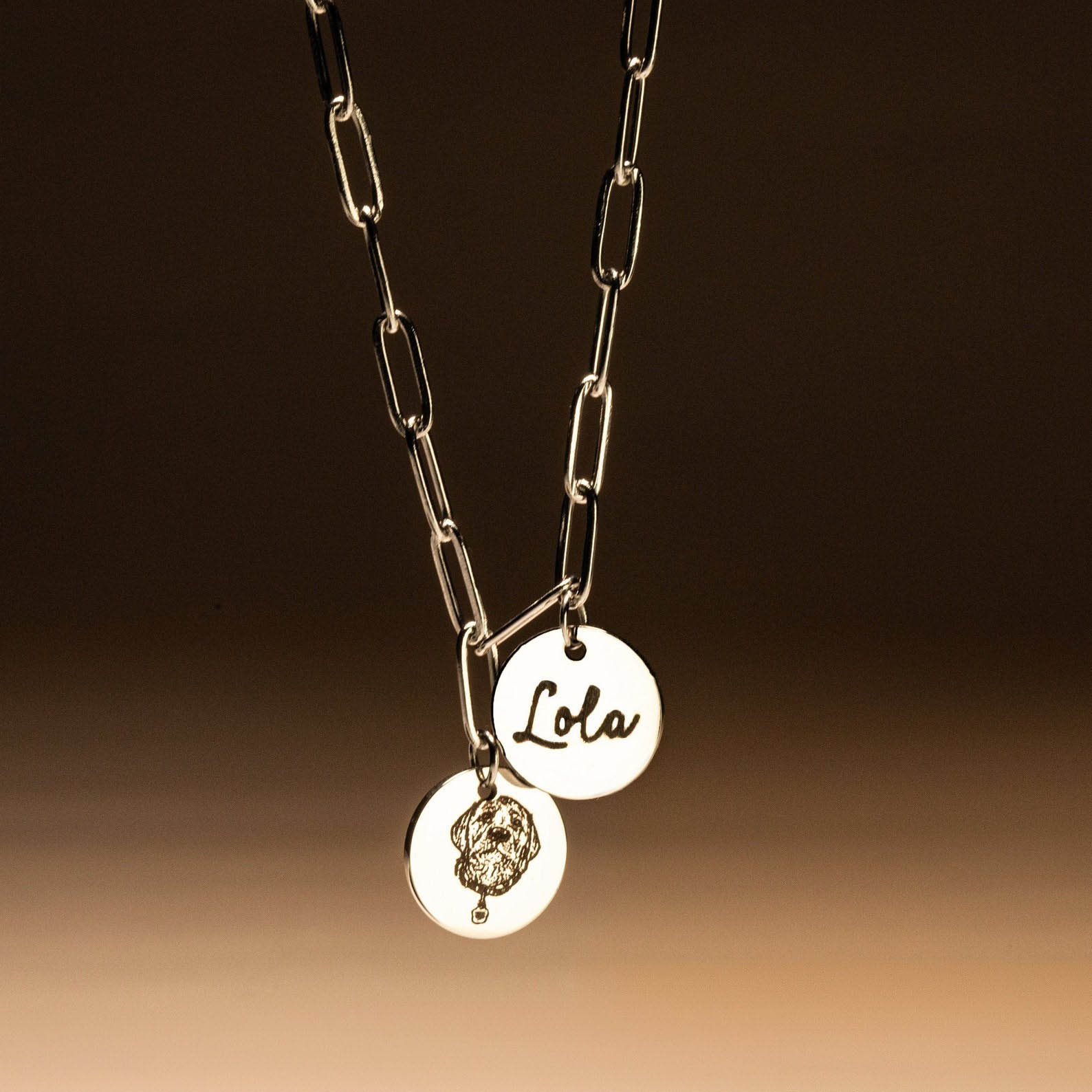 Gold custom engraved name necklace, double disc paperclip chain jewelry