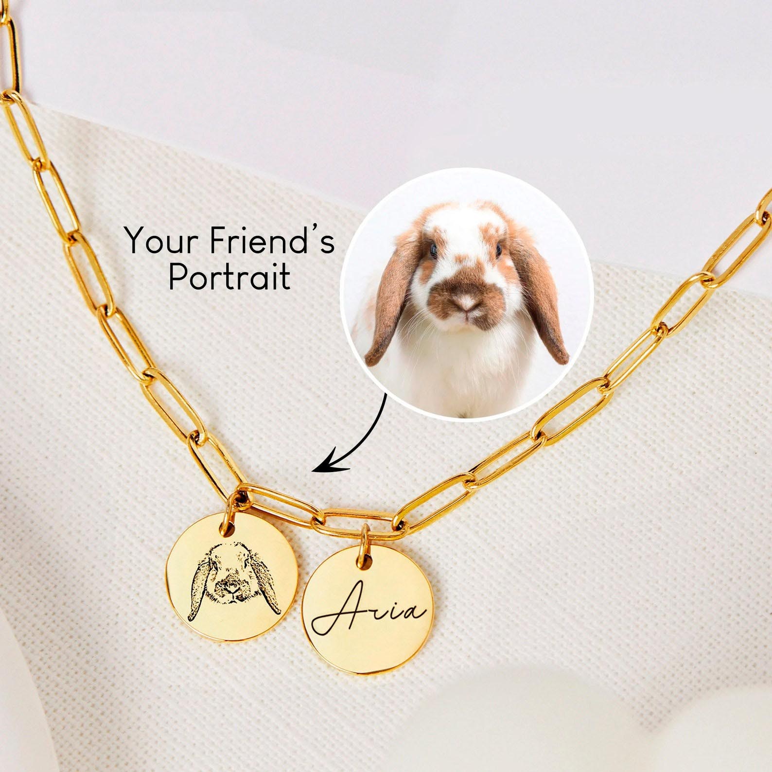 Custom pet portrait double disc necklace, paperclip chain gold engraved dog cat