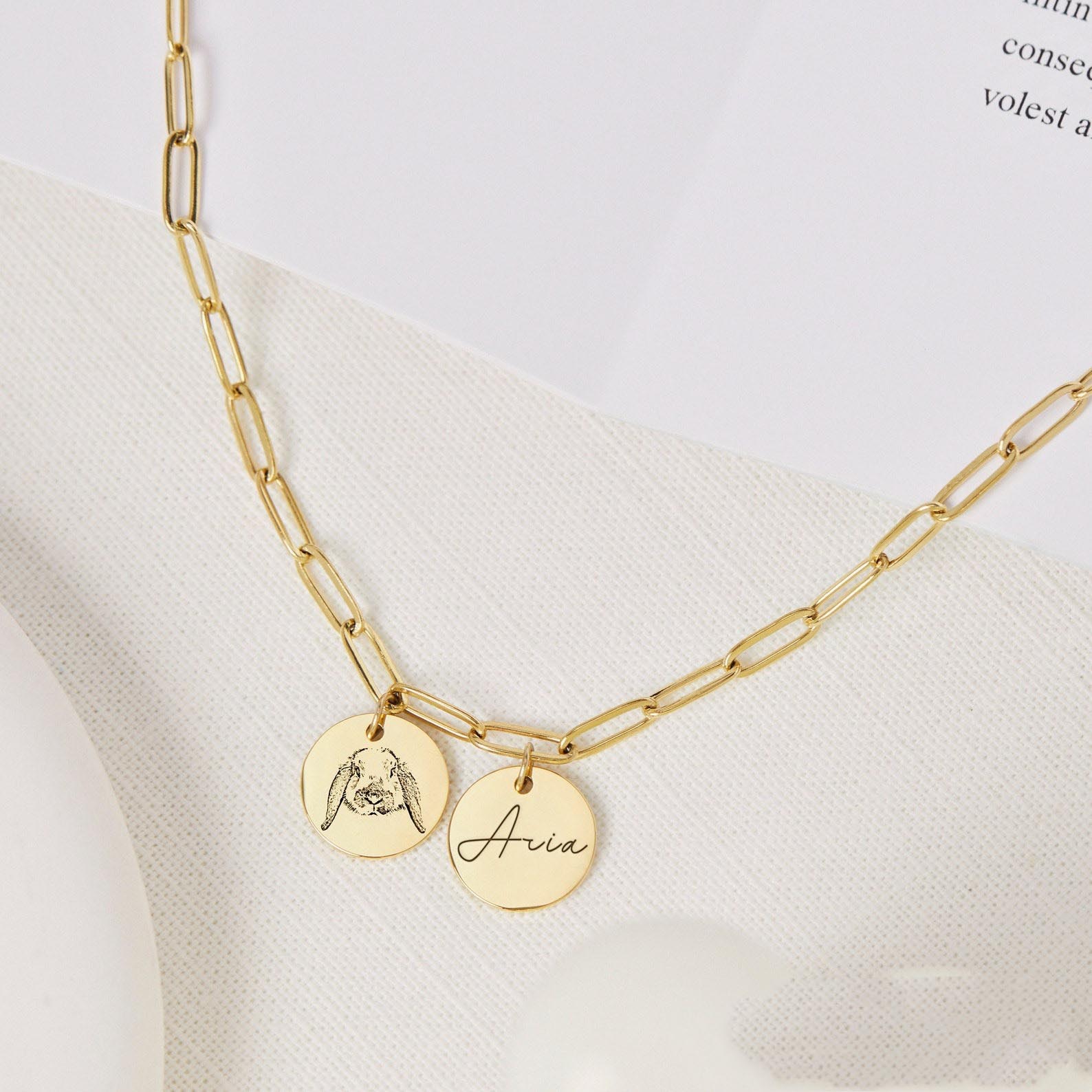 Gold paperclip chain double disc necklace, engraved pet portrait and name