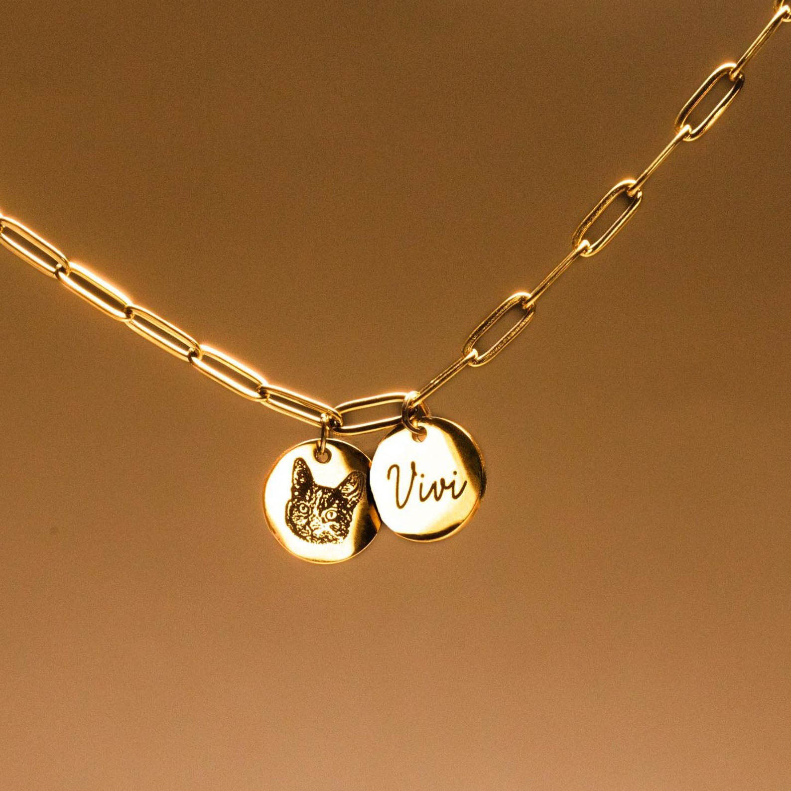 Engraved photo necklace, custom pet portrait double disc paperclip chain gold