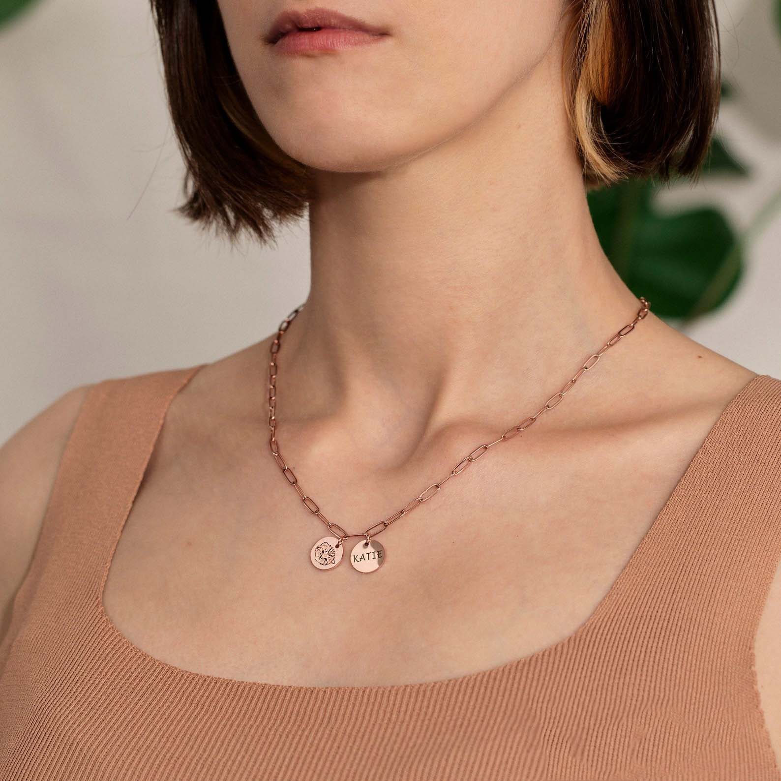 Woman wearing engraved photo pet portrait necklace, paperclip chain double disc