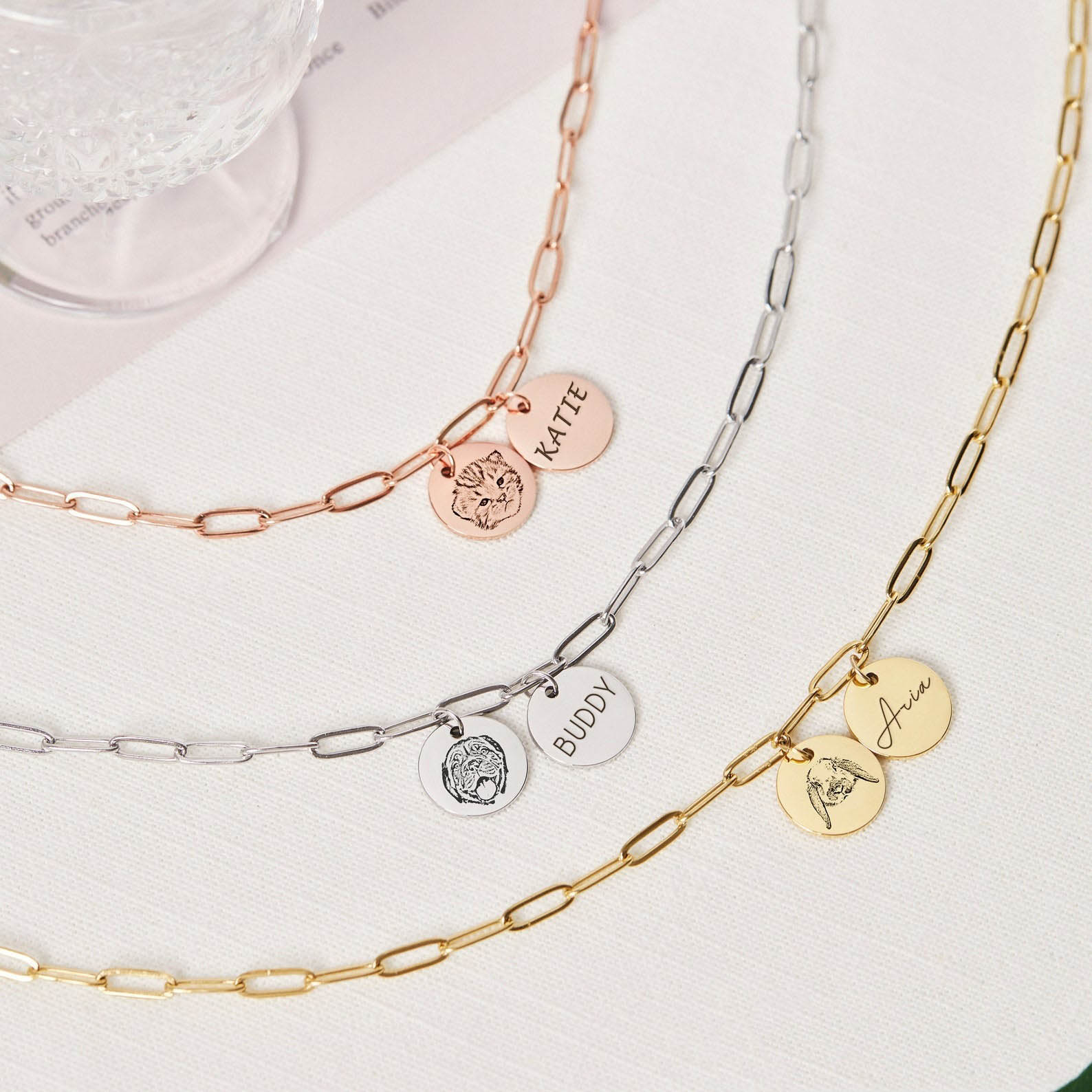 Personalized pet portrait necklaces in silver gold and rose gold, double disc charm