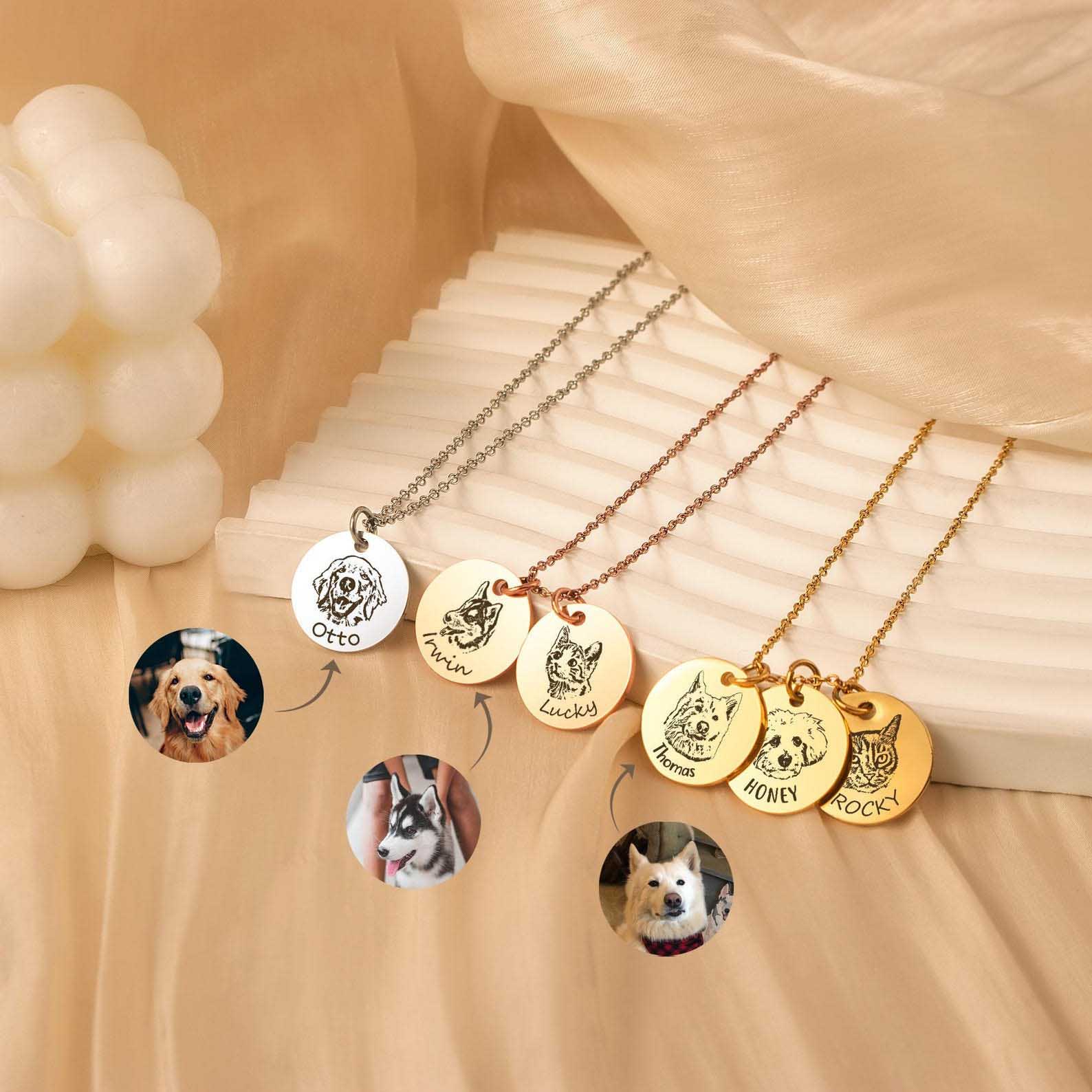 Custom pet photo to sketch engraved disc necklace, silver gold rose gold round pet portrait pendant keepsake jewelry for dog cat memorial