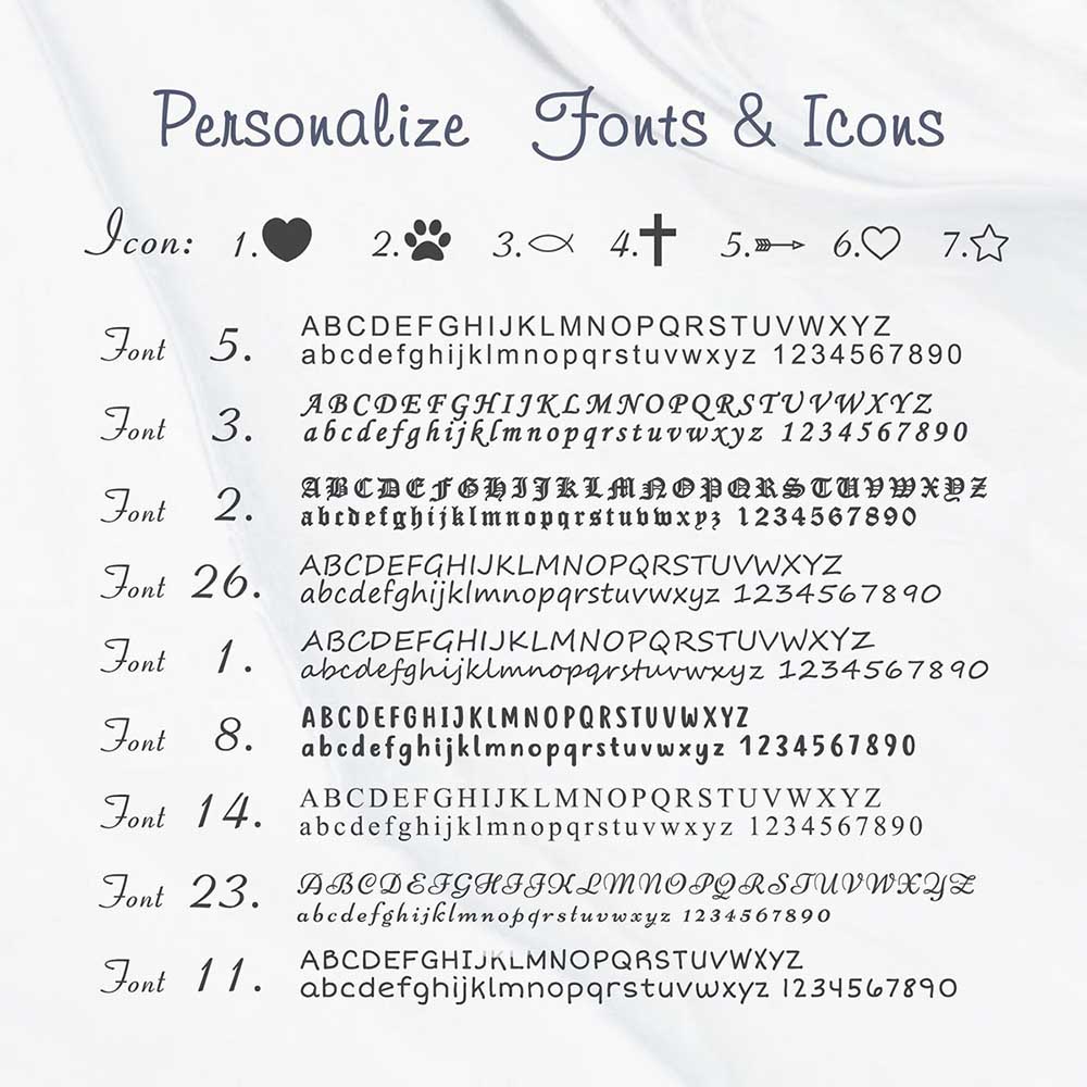 Personalize Fonts & Icons for custom engraved pet jewelry, 8 font styles and 7 optional symbols including paw print, heart, cross, star