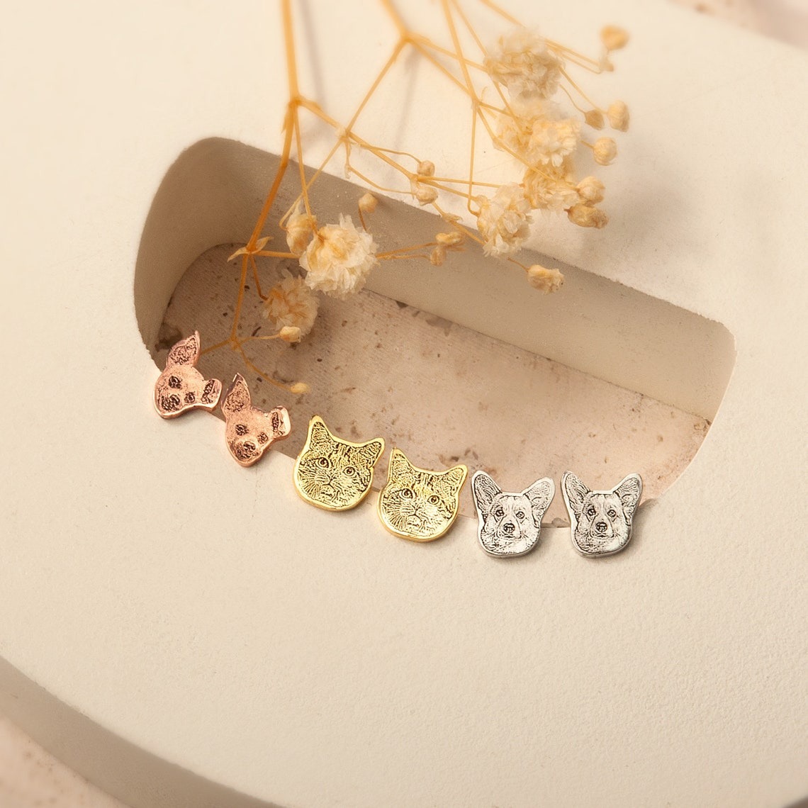 Personalized pet earrings in silver gold and rose gold, custom photo engraved stud earrings