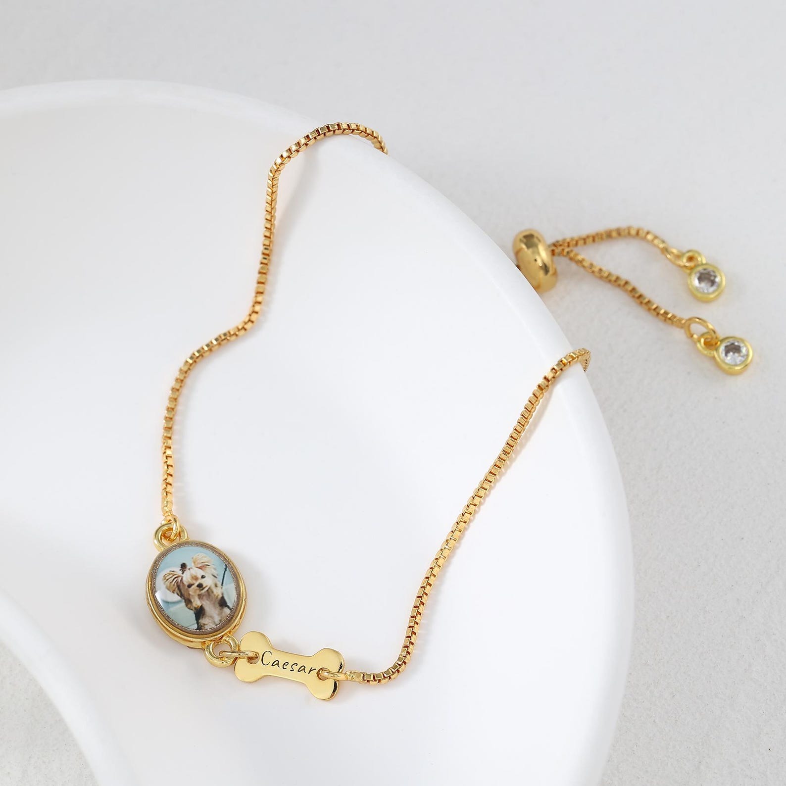 Custom dog photo bracelet in gold, adjustable sliding bolo clasp with crystal ends