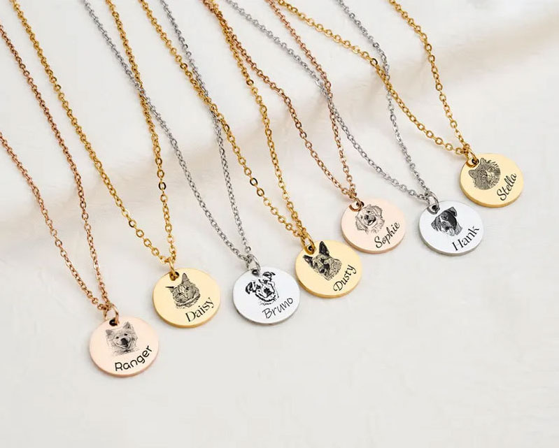 Single round disc pet portrait necklaces in gold silver and rose gold, memorial jewelry