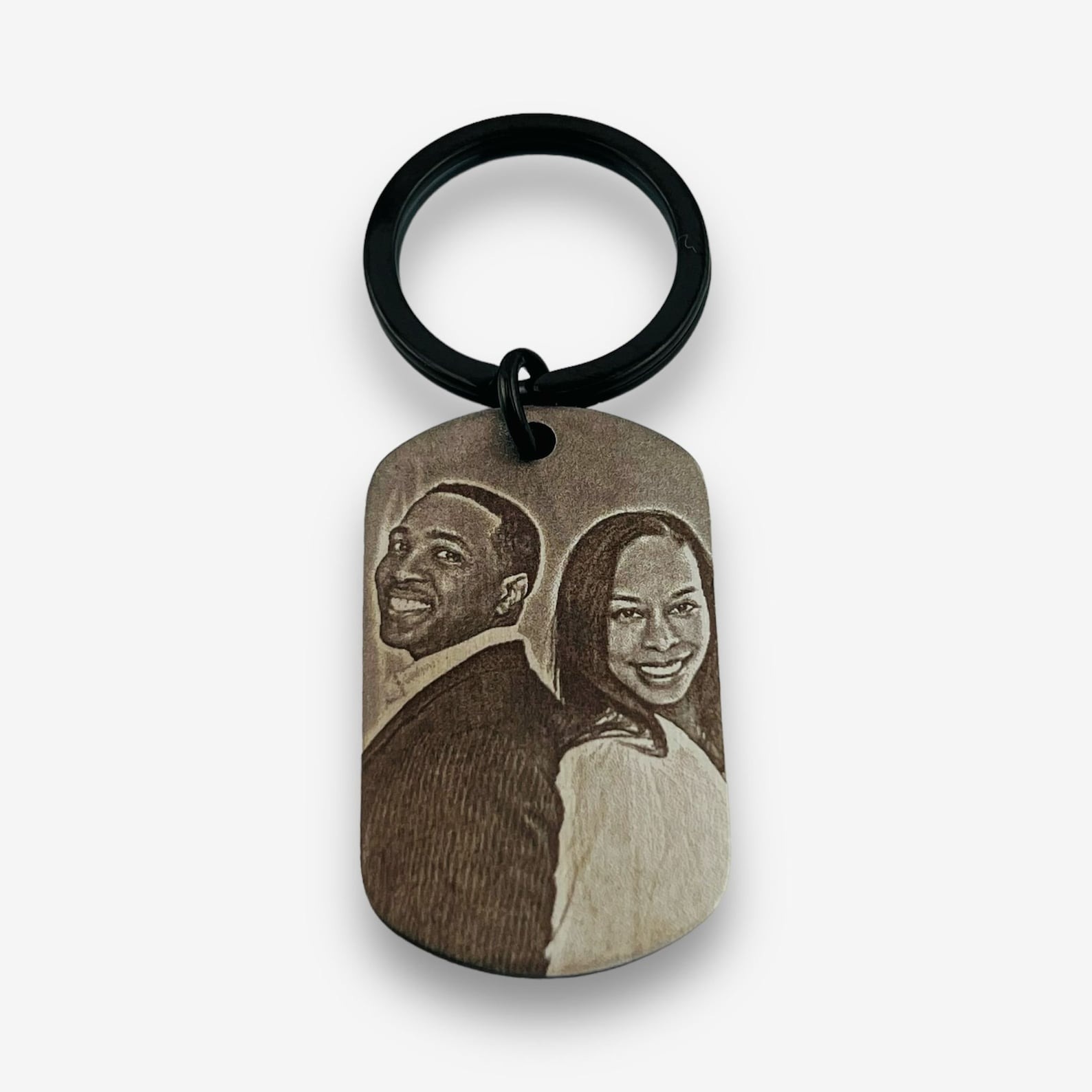 Matte black custom photo keychain, engraved dog tag personalized gift
