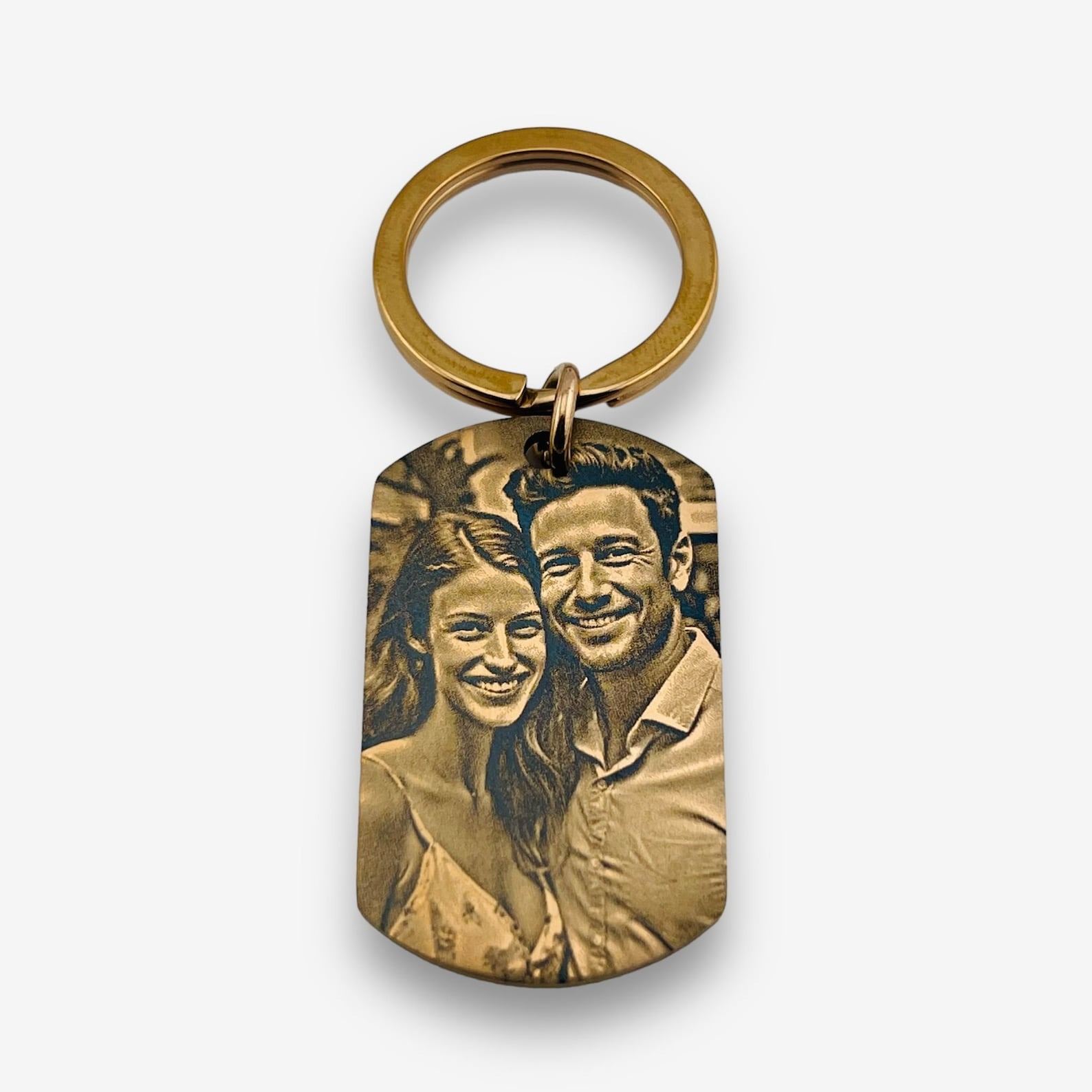 Rose gold custom photo keychain, engraved dog tag personalized gift
