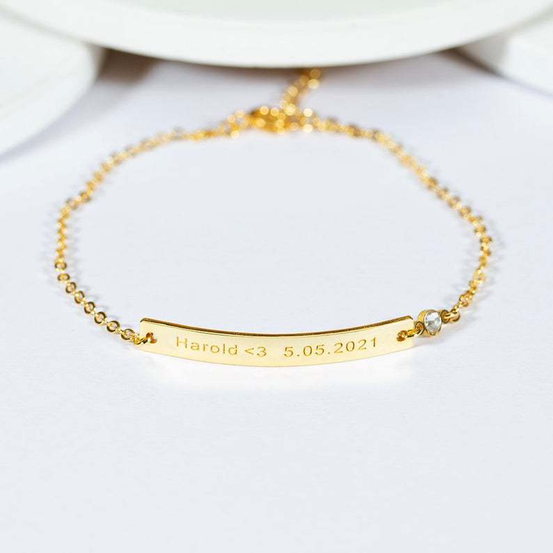 Gold personalized engraved bar bracelet, stainless steel name bracelet for women