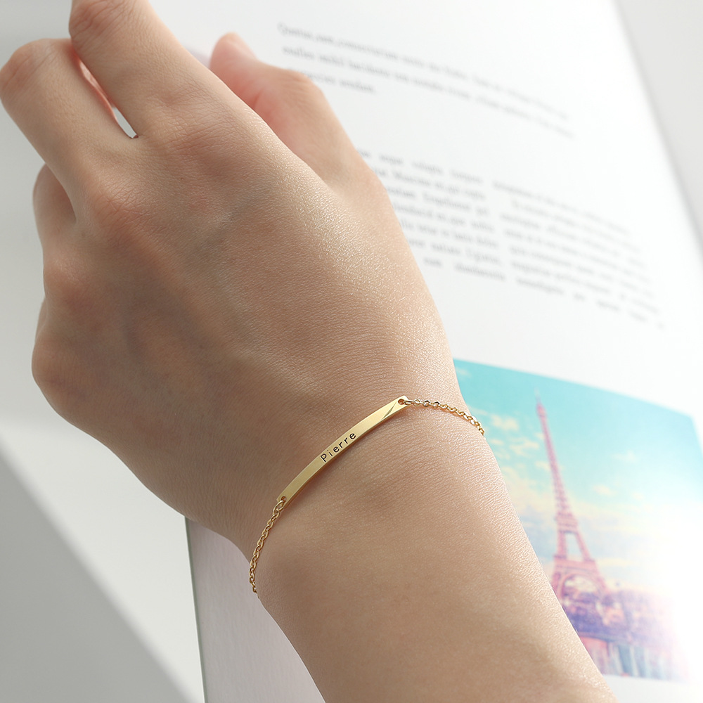 Personalized bar bracelet for women, stainless steel engraved name bracelet gold