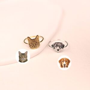 Custom engraved pet rings, gold cat face and silver dog face personalized memorial rings