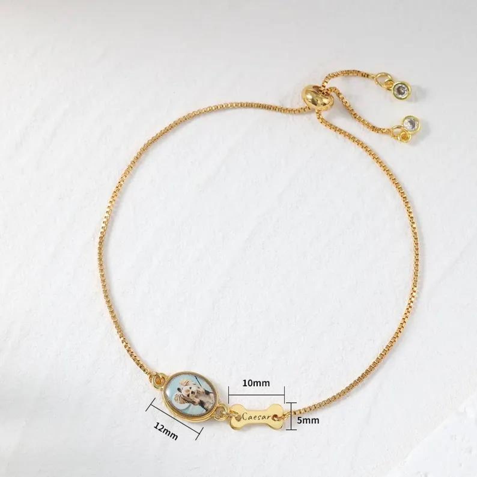 Close-up of oval photo charm and engraved bone plate, personalized dog bracelet
