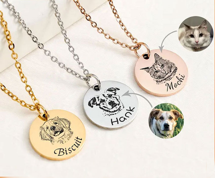 Custom pet portrait engraved disc necklace, upload your dog cat photo to engrave