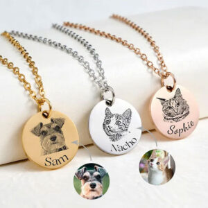 Custom pet portrait necklace, engraved photo and name single round disc in silver gold rose gold
