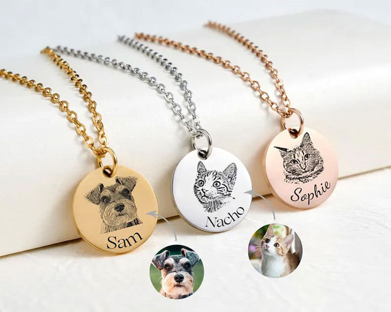 Custom pet portrait necklace, engraved photo and name single round disc in silver gold rose gold