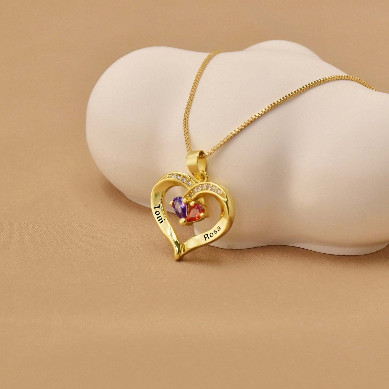 Gold personalized hollow heart necklace engraved two names with birthstones, custom heart pendant box chain