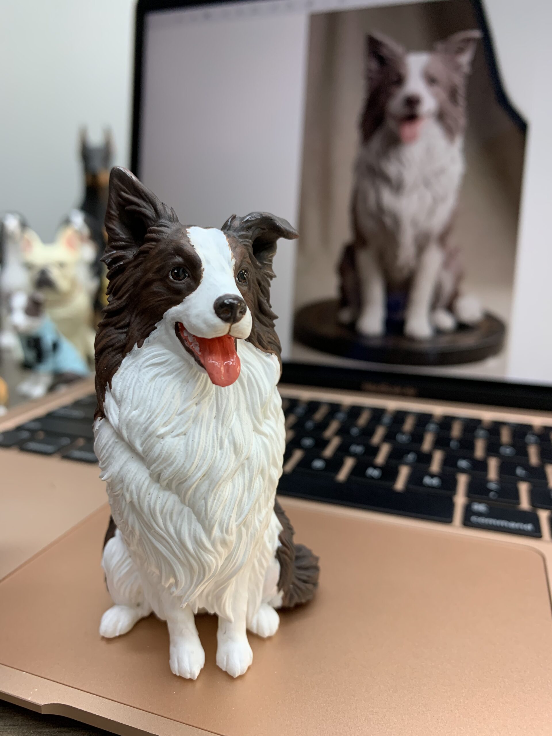 Custom resin border collie pet figurine, 3D printed, customer photo on laptop, personalized dog memorial statue