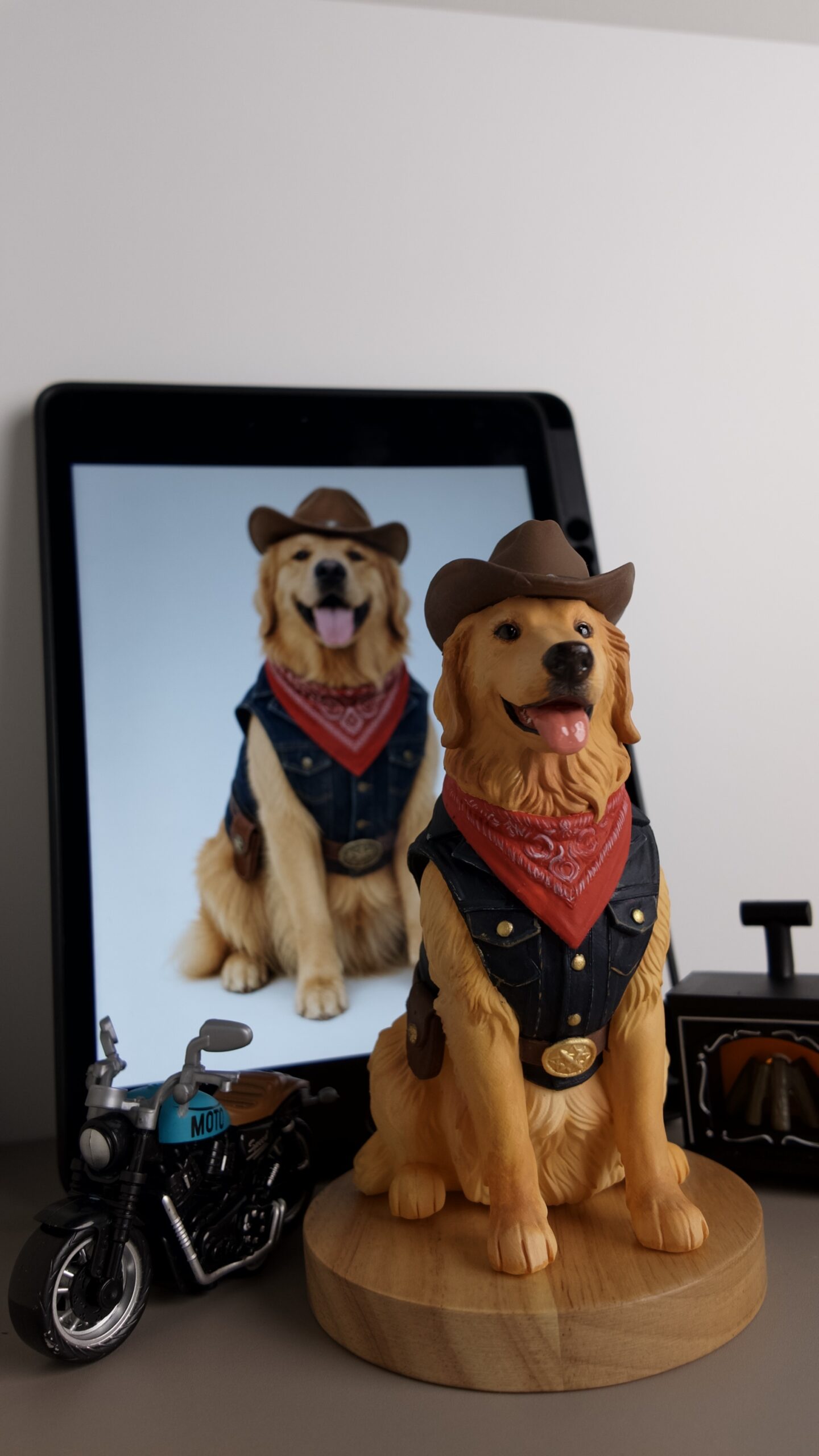 Custom 3D printed resin golden retriever pet figurine, cowboy outfit, photo reference on tablet, pet memorial keepsake