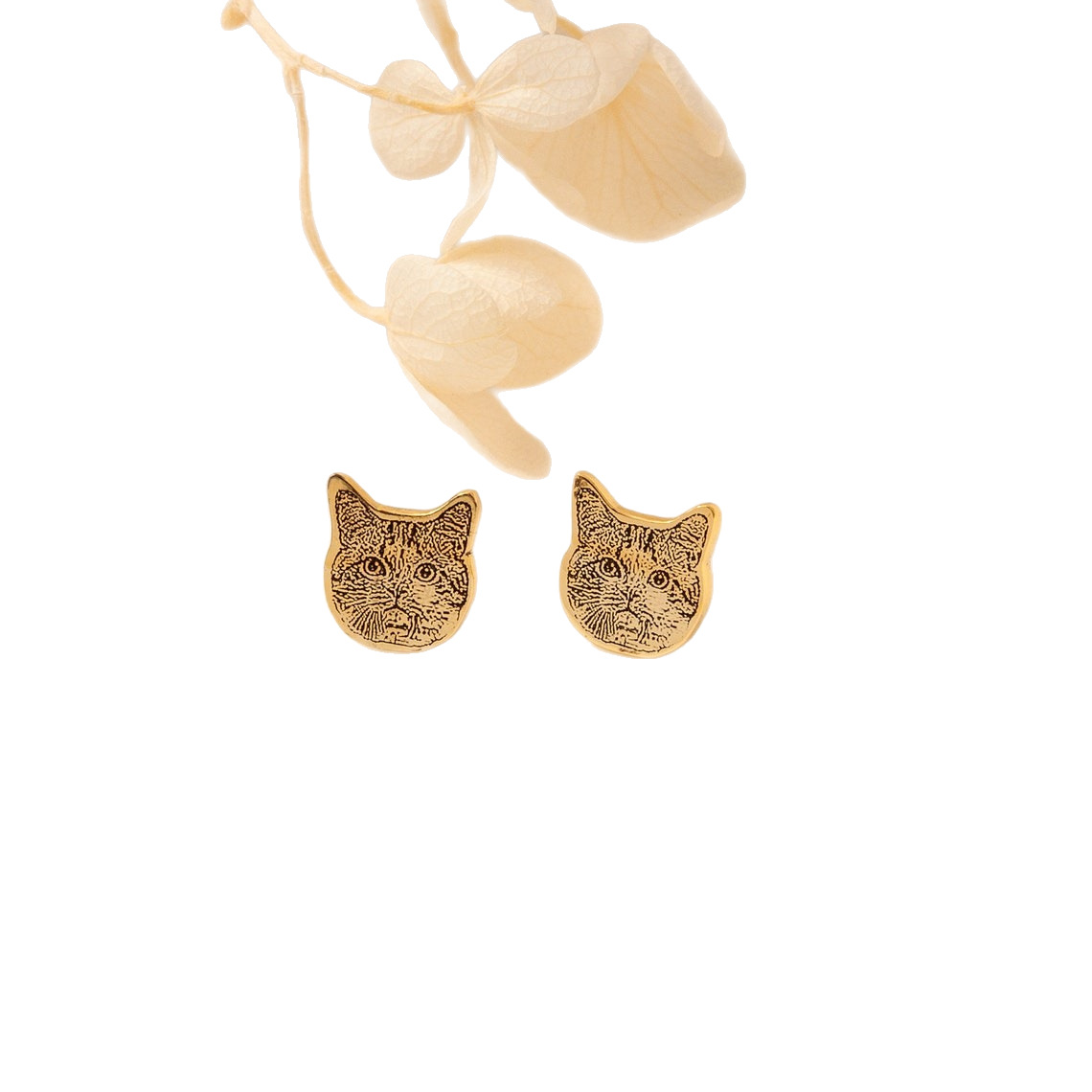 Gold plated custom pet portrait earrings, engraved cat face stud earrings