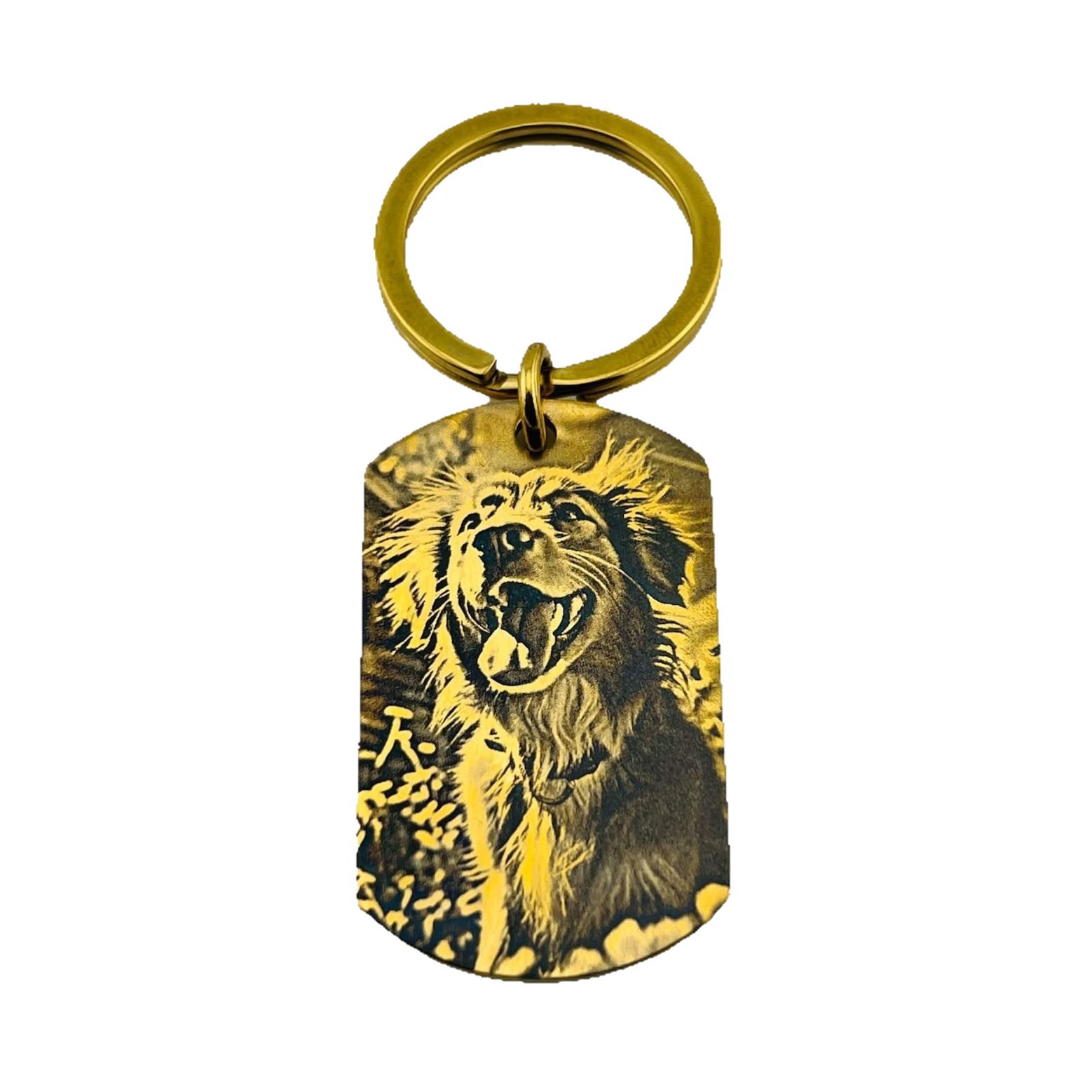 Gold custom photo keychain, engraved dog tag personalized picture keyring