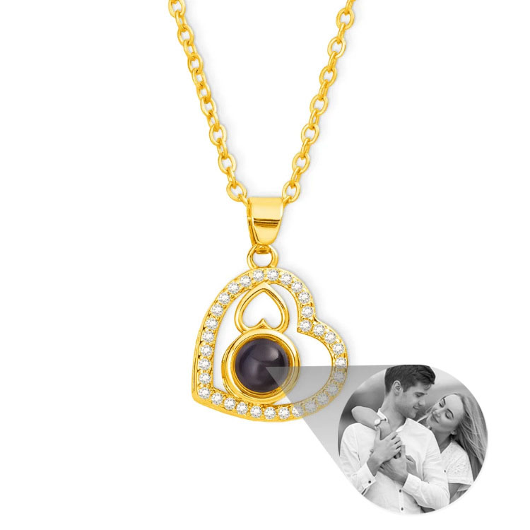 Gold heart projection necklace, photo projected from crystal heart pendant