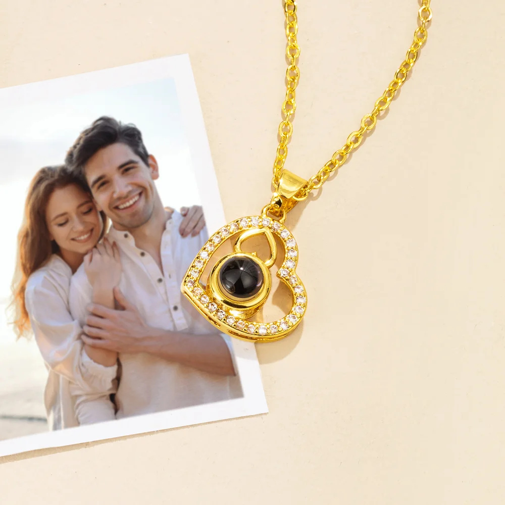 Gold heart projection locket necklace, personalized photo inside crystal heart