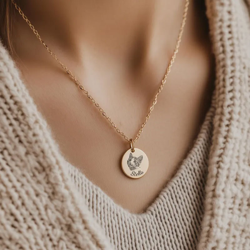 Woman wearing personalized pet portrait necklace, single round disc pendant