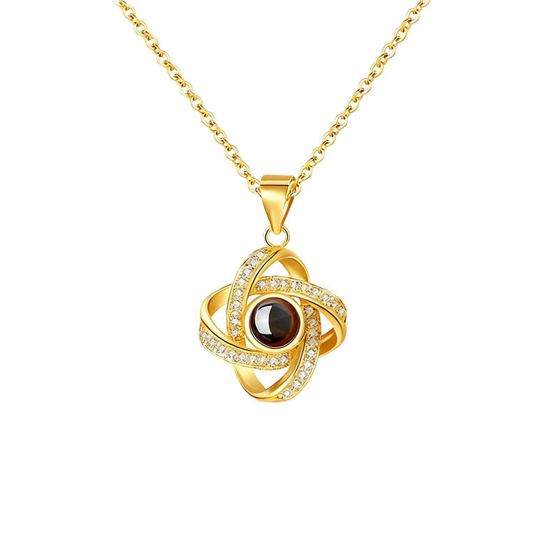 Gold four leaf clover necklace with projection photo, couple memory keepsake