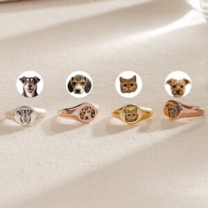 Custom pet portrait signet rings engraved with dog cat faces, silver gold rose gold memorial rings
