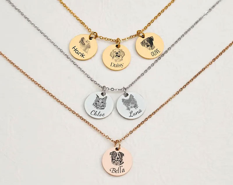 Personalized dog cat memorial necklaces, engraved single disc pendant three colors