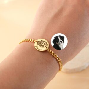 Custom dog bracelet with engraved pet portrait disc and photo charm, gold curb chain memorial bracelet worn on wrist