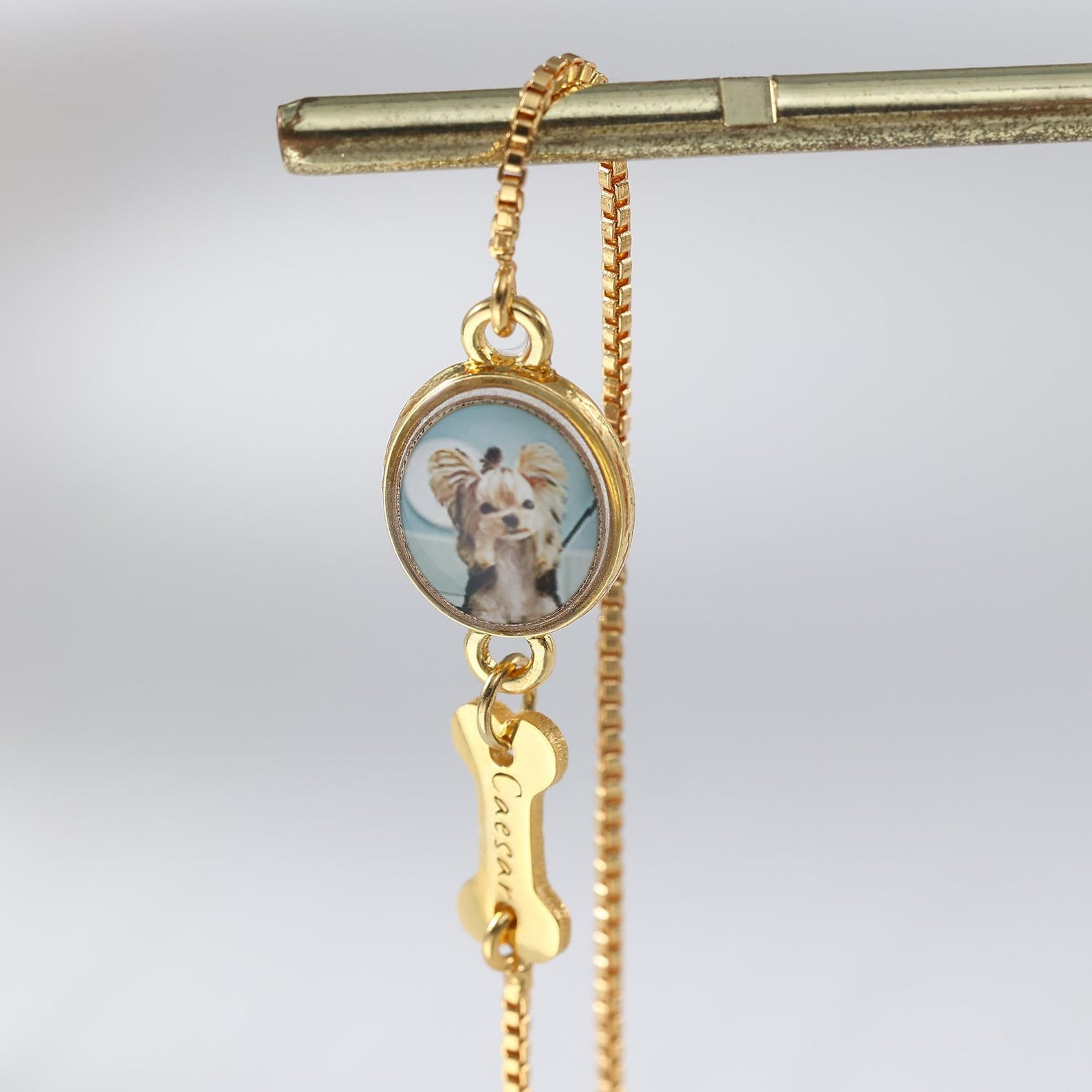 Stainless steel pet memorial bracelet, oval portrait charm and bone engraving plate