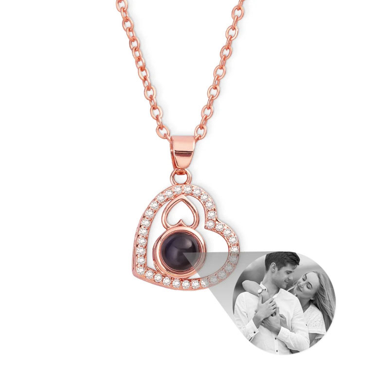 Rose gold personalized heart photo projection necklace, couple jewelry gift