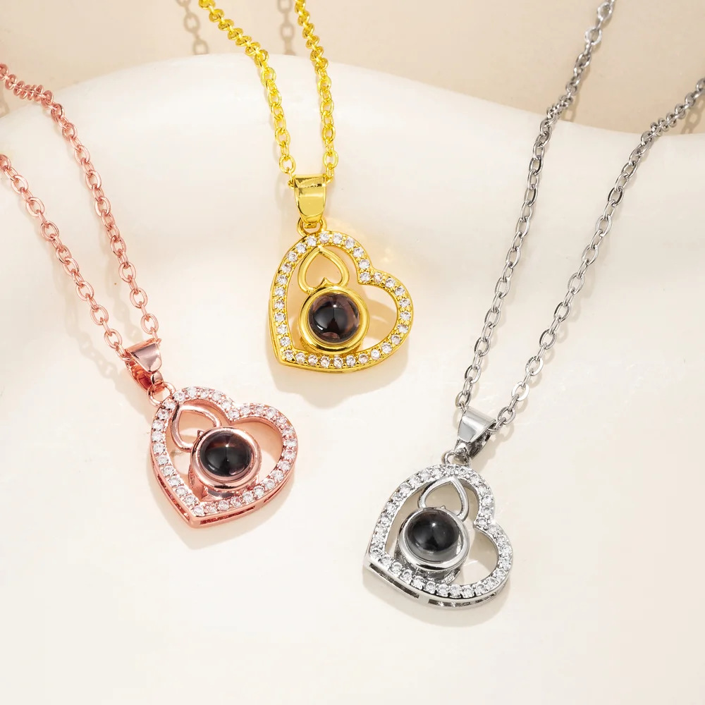 Heart photo projection necklaces in silver gold and rose gold, personalized picture inside
