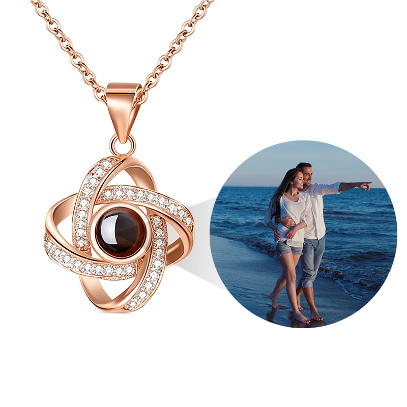 Rose gold four leaf clover projection necklace, personalized hidden picture jewelry