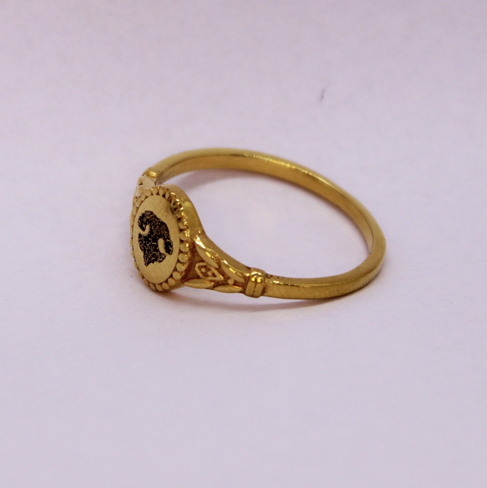 Gold plated dog nose print ring, vintage engraved pet memorial jewelry