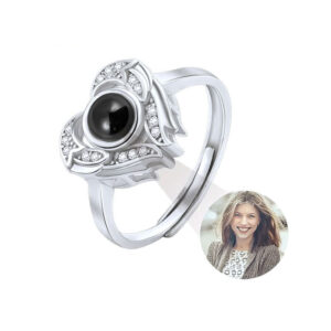 Custom photo projection ring, heart angel wings silver ring with hidden picture inside