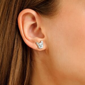 Custom pet portrait stud earrings worn on ear, engraved cat face personalized earrings