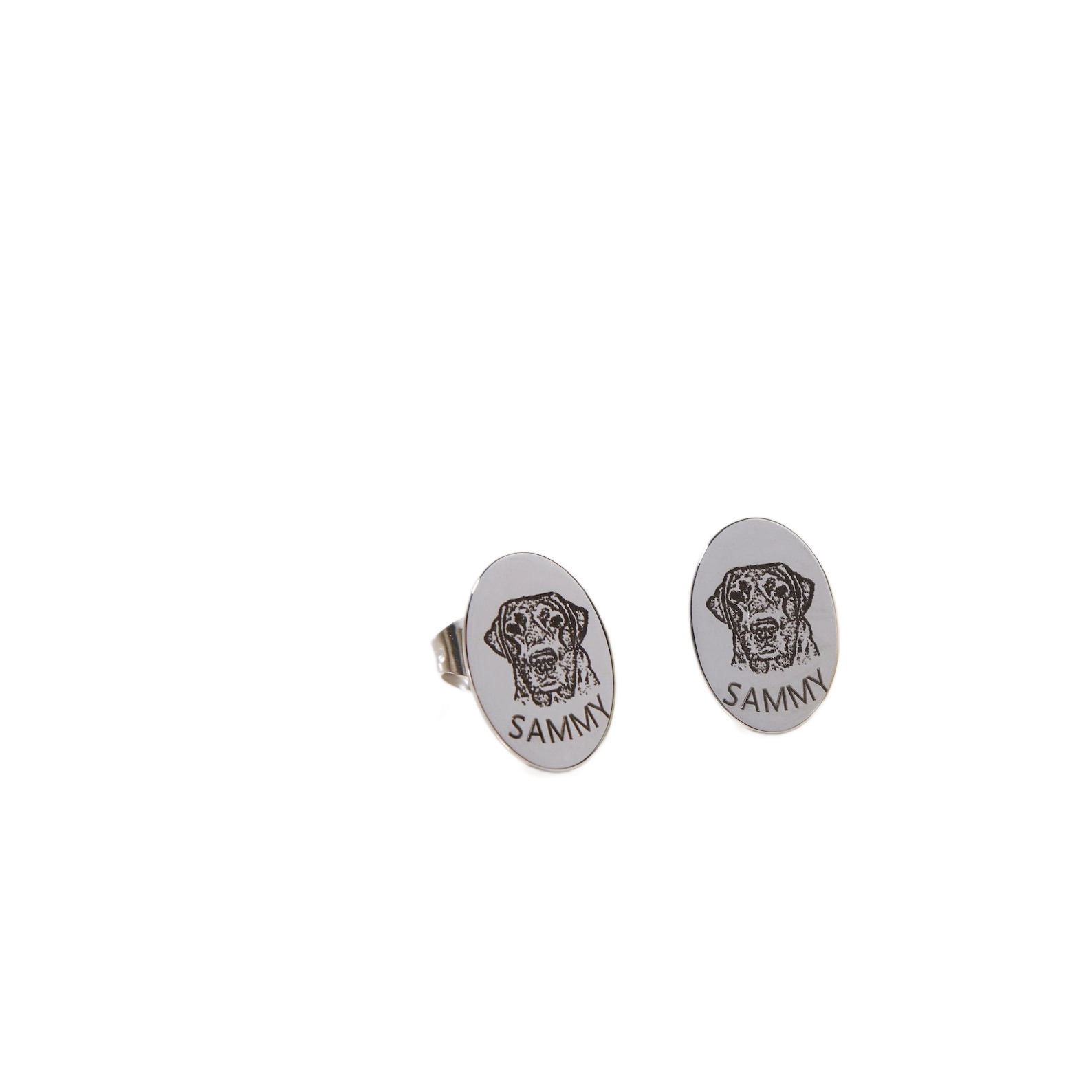 Silver custom pet photo oval stud earrings, minimalist dog memorial earrings